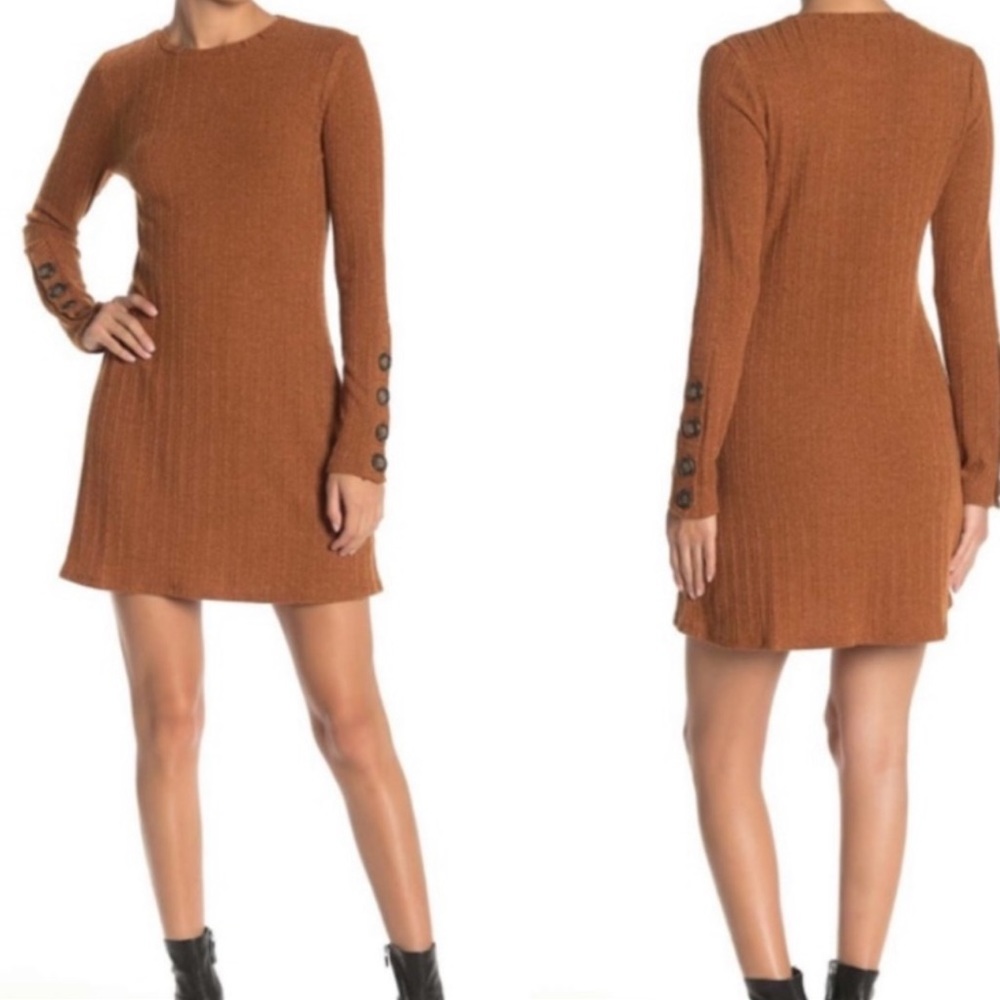Taylor & Sage Cognac Lightweight Stretch Ribbed Long Sleeve Knit Mini Dress NEW
